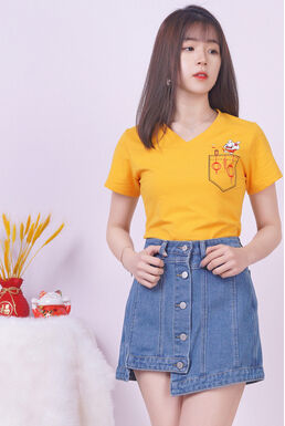 V Neck CNY Embroidered Pocket With Rabbit Top (Yellow)